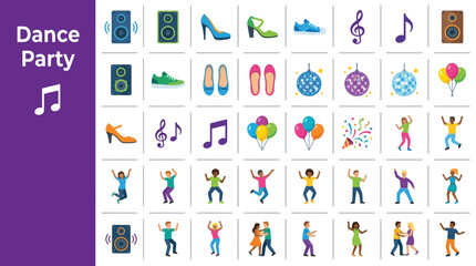 Fototapeta premium Dance party concept with music speakers, shoes, musical notes, disco balls, balloons and dancing people for celebration and fun events