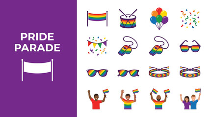 Fototapeta premium PRIDE PARADE - Rainbow Flags, Drums, Balloons, Sunglasses, and Confetti Icons for Festive Celebrations and Events
