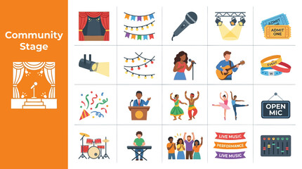 Fototapeta premium Community Stage icons and illustrations for events, performances, and music, featuring musicians, singers, dancers, and open mic nights, with party decorations and lighting