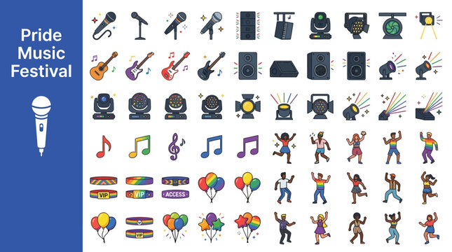 A vibrant collection of Pride music festival icons including microphones, guitars, speakers, musical notes, rainbow banners, balloons, and dancing figures