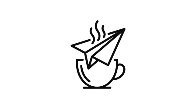 Minimalist line art icon of a paper plane inside a steaming coffee cup.