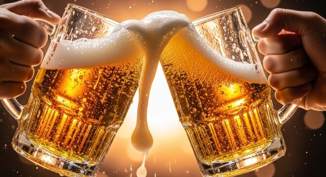 Two beer glasses clinking together socially.