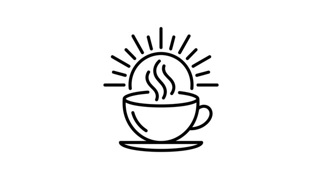 Minimalist line art icon of a steaming hot coffee cup with sunrise rays.