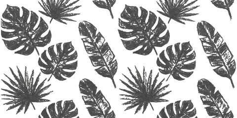 Fototapeta premium Seamless pattern with dark grey tropical monstera and palm leaves illustration on a simple light background