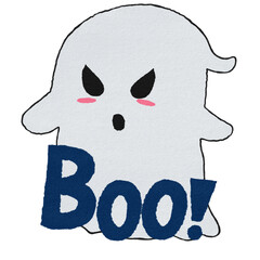 Fototapeta premium Cute Angry Ghost with Navy Blue Boo Text, Hand Drawn Illustration for Halloween Sticker