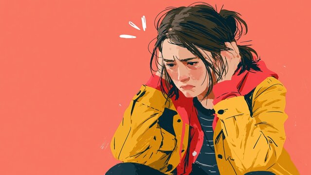 Sad Stressed Teenager In Yellow Jacket.