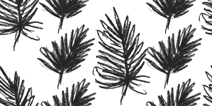 Seamless pattern with hand drawn black palm leaves sketched with charcoal texture for tropical summer design