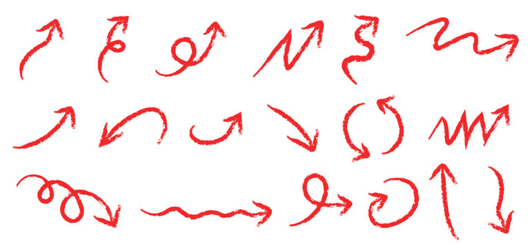 Hand drawn red crayon arrow set with curved, spiral, wavy and zigzag doodle arrows vector collection.  grunge brush hand drawn curved arrows. Hand drawn arrow crayon chalk paint red brush texture