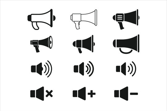 Modern Megaphone and Audio Volume Vector Icon Collection with Loudspeaker, Sound Controls and Speaker Symbols