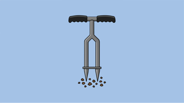 Illustration of a garden soil aerator tool with dual prongs.