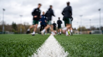 Obraz premium Group of young male soccer players running across green turf field with sharp focus on white painted boundary line during outdoor practice session on overcast day with blurred background