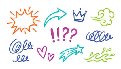 Cute hand drawn colorful doodle vector element set. Featuring speech bubble, arrow, crown, heart, shooting star, punctuation, and swirls isolated on transparent background. © Creative Studio 
