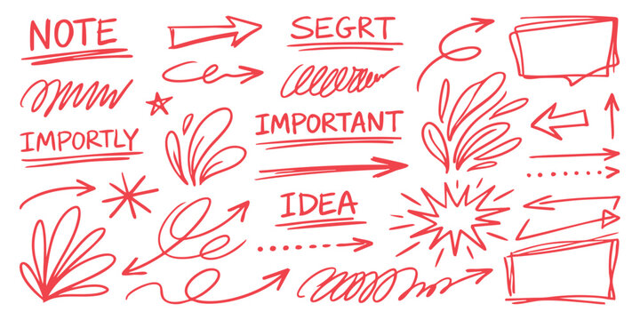 Set of red hand drawn arrows and doodle elements for note taking and highlighting important information concepts