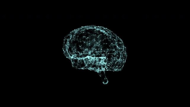 A slow 3D animation of a glowing cyan wireframe brain. Representing a neural network, its interconnected nodes pulse with energy against a black backdrop, symbolizing AI and data process
