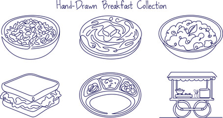Hand-drawn breakfast collection line art icons poha idli dosa sandwich indian morning meals street food cart isolated on white background. © Jannat