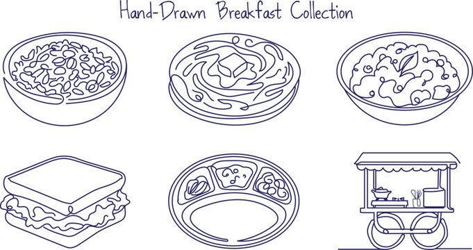 Hand-drawn breakfast collection line art icons poha idli dosa sandwich indian morning meals street food cart isolated on white background.