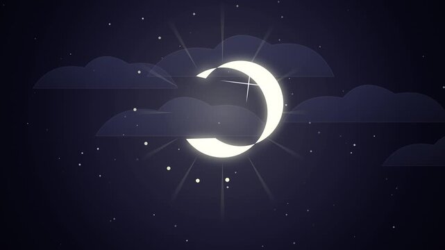 Animated Crescent Moon Shining Brightly at Night with Stars and Clouds, Celestial Animation Loop