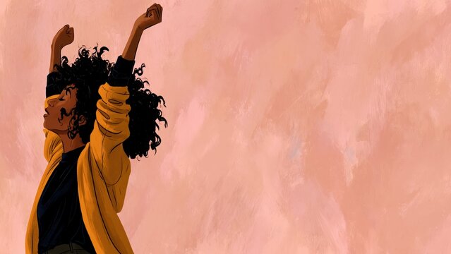 Black Woman In Yellow Jacket Stretching Arms Up.