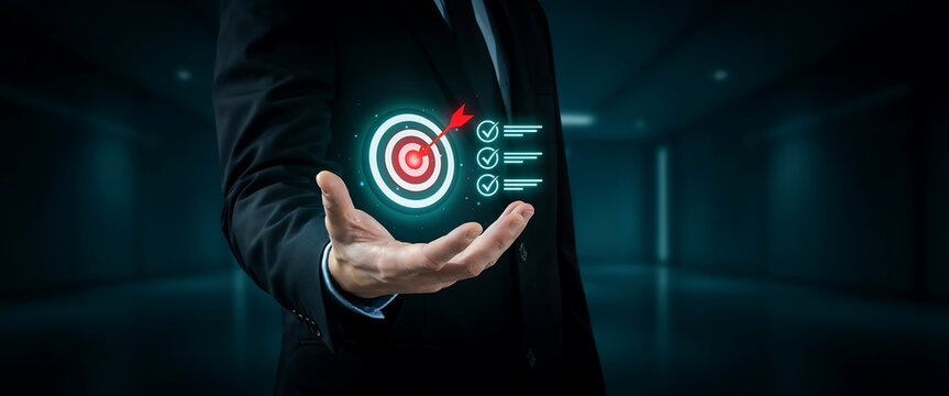 Businessman presenting a glowing target with a checklist on his palm in a dark room