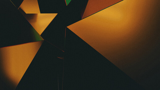 Abstract 3D Rendered Geometric Background with Grainy Gold and Green Polygons.
