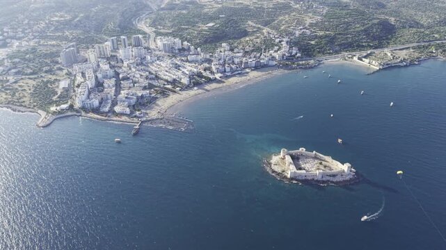 Aerial View of Kizkalesi (Maiden's Castle) and Mediterranean Coastline in Mersin Turkey, Historic Seaside Fortress and Ancient Landmark at Sunset