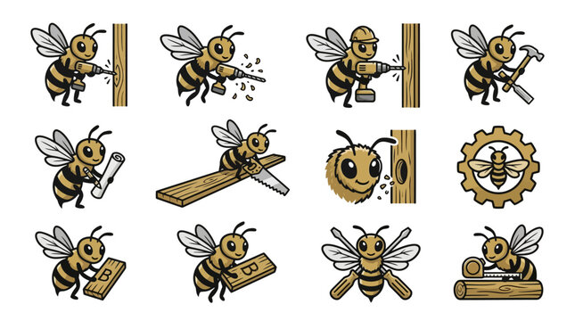 Bee characters using various construction tools.