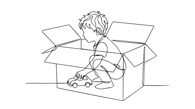 Continuous line drawing of a toddler playing inside a cardboard box. Minimalist single line art vector graphic isolated on white background