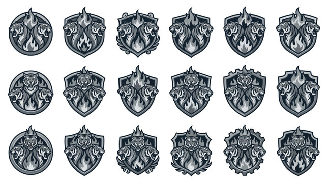 Bird flame logos with shield and circle borders.