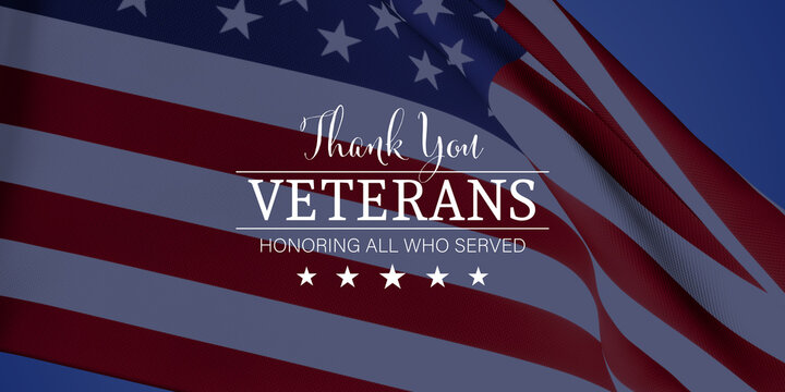 Text "Thank you - Veterans - honoring all who served" on a blue American flag background
