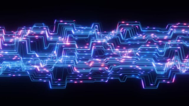 Looped blue and purple glowing lines moving on a black background create a technological and futuristic abstract motion graphic