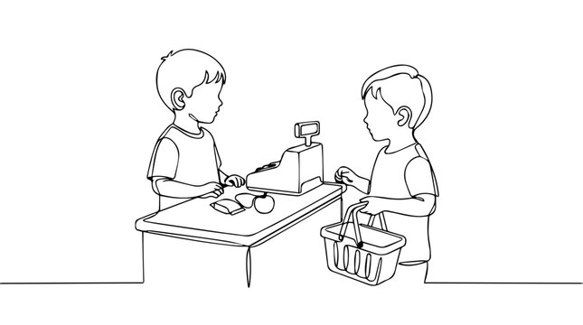 Kids playing shop with toy register. Continuous one line drawing of children with shopping basket. Minimalist retail roleplay vector graphic