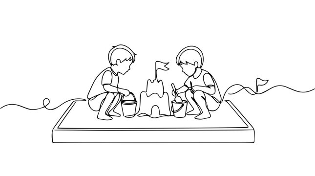 Continuous one line drawing of kids building sandcastle. Children playing in sandbox vector graphic