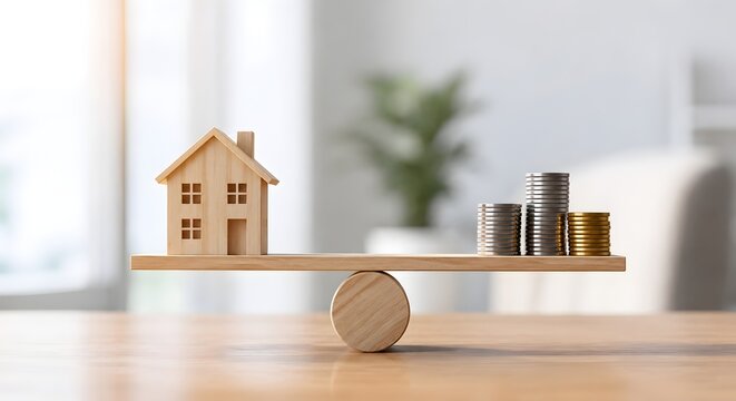 Real estate valuation concept showing wooden house balanced with coin stacks on seesaw representing market equity