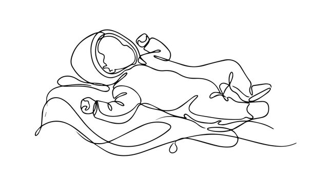 Infant in onesie lying on blanket. Continuous line drawing of newborn baby. Minimalist vector graphic isolated on white background