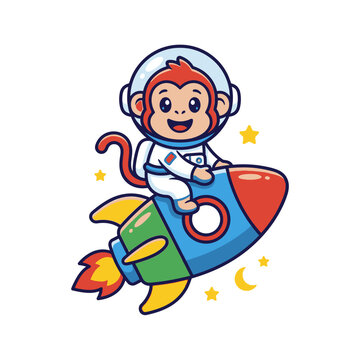 Cute Cartoon Astronaut Monkey Character Riding A Colorful Space Rocket Into The Starry Galaxy