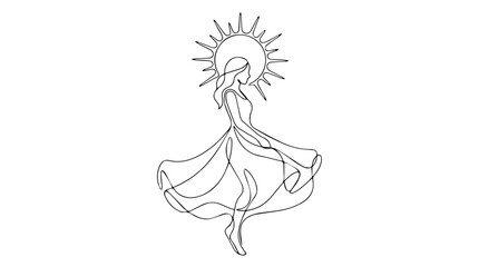Fototapeta premium Continuous line drawing of a woman in a flowing dress with sun motif. Minimalist vector graphic