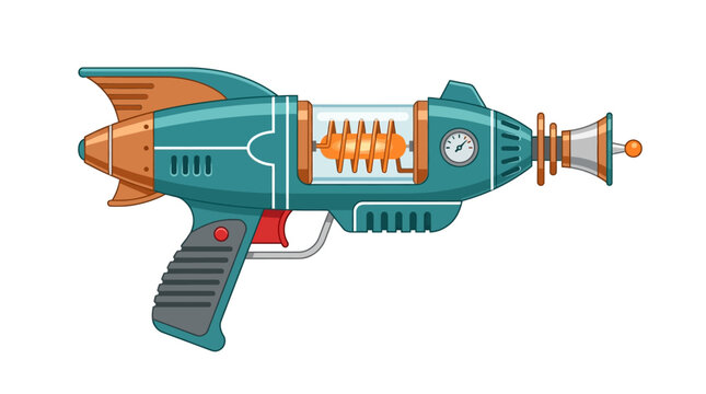 Teal toy ray gun, futuristic blaster, sci-fi weapon, cartoon illustration isolated on White Background