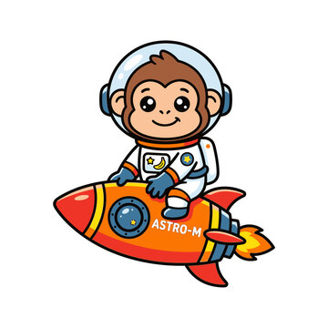Cute Cartoon Monkey Astronaut Character Flying on a Space Rocket Ship Vector Illustration