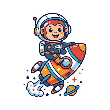 Cute Cartoon Monkey Astronaut Riding a Colorful Rocket Ship in Outer Space Vector Illustration