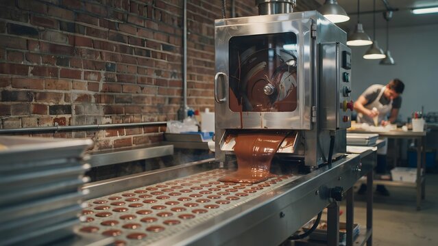 Commercial Chocolate Machine Producing Rounded Chocolate Pieces in Factory