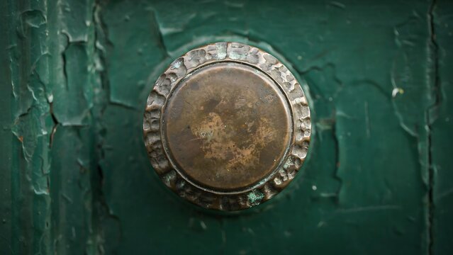 Antique brass door knob on weathered green painted wood surface