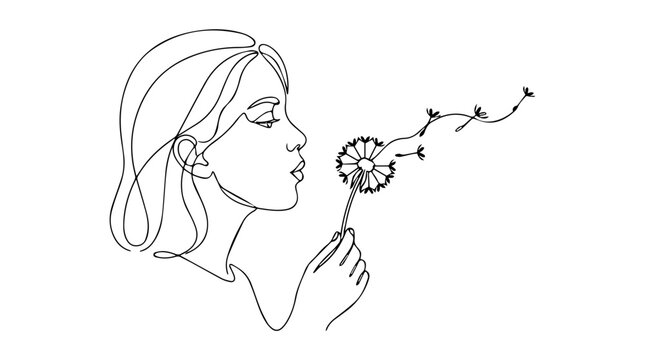 Girl blowing dandelion seeds. Continuous line art vector illustration. Minimalist profile drawing of a woman with flower isolated on white background