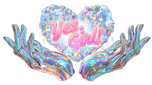 Hands uplift a dazzling crystal heart with empowering Yes girl text for women