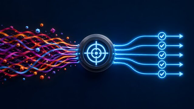 Streamlining complex data workflows showing tangled colorful wires entering target node and emerging as organized checkmarks