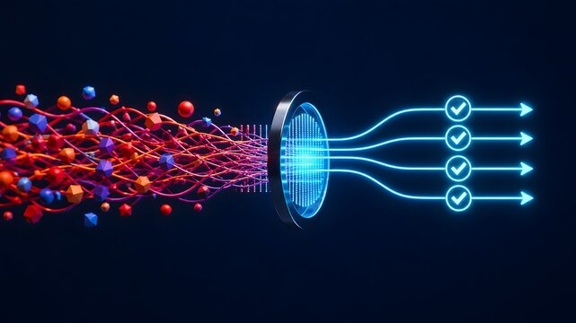 Streamlining big data processing showing unstructured chaotic elements passing through digital lens into organized verified task lines