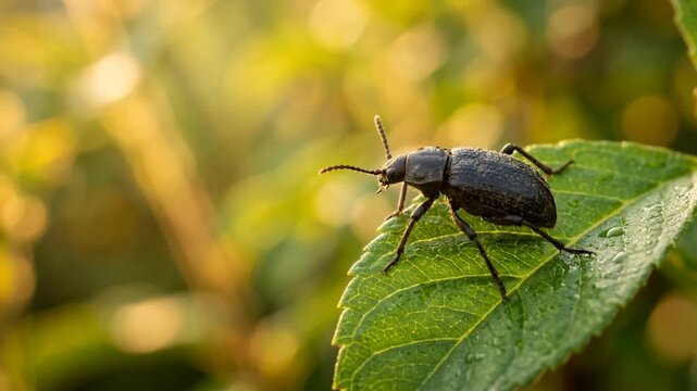 darkling beetle on desert plant leaf in namib desert golden light close up video