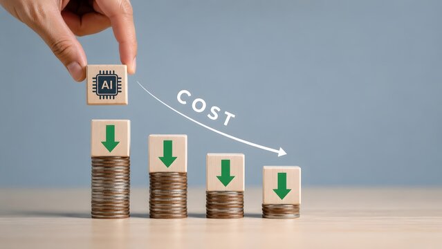 Artificial intelligence driving financial savings showing hand placing tech chip on descending coin stacks representing cost reduction