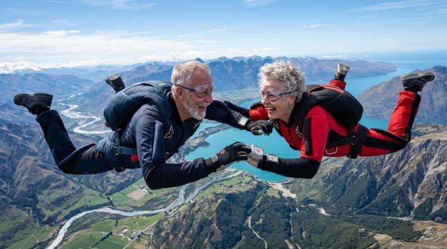 Elderly Couple Skydiving Together, Holding Hands Over Scenic Landscape