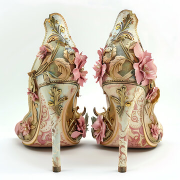 Ornate rococo high heels with pink flowers and gold scrollwork on display