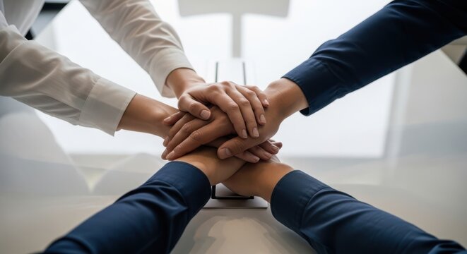 People joining hands in a supportive and uplifting gesture against a cloudy sky backdrop